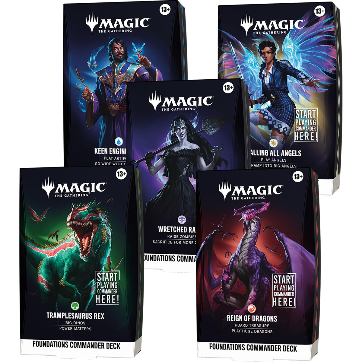 Magic: The Gathering Foundations Commander Deck Bundle - All 5 Decks (Calling All Angels, Keen Engineering, Wretched Ranks, Reign of Dragons, Tramplesaurus Rex)